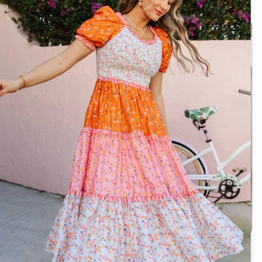 Ivy City Emily Dress Sorbet Tiered Maxi Puff Sleeves Orange Pink